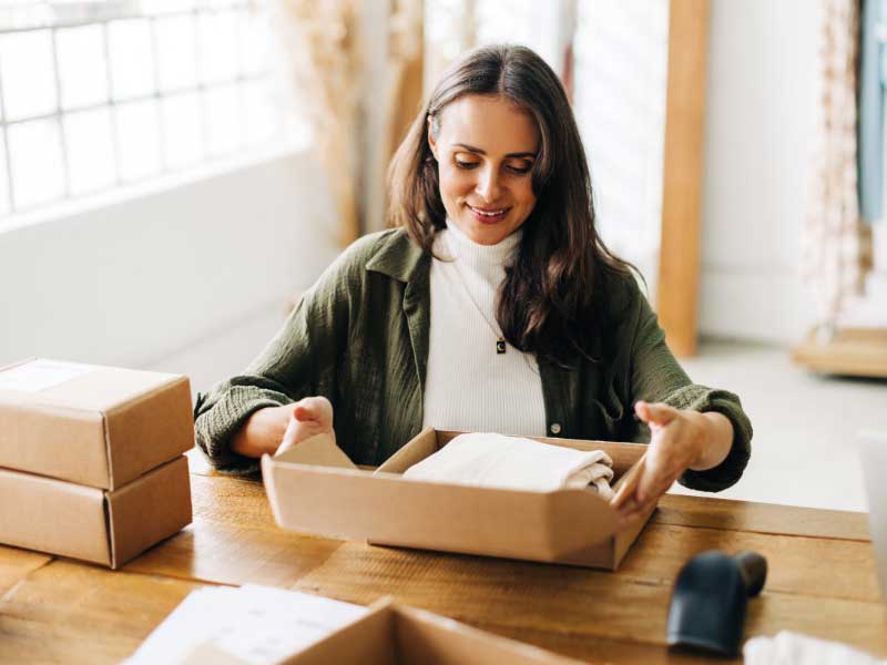Woman opening a package.